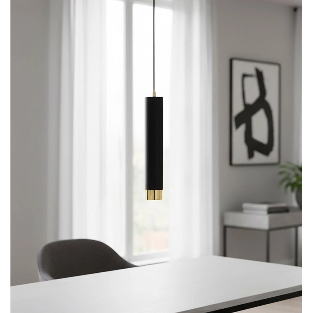 Lampada a sospensione KIBO in acciaio nero opaco e dettagli oro