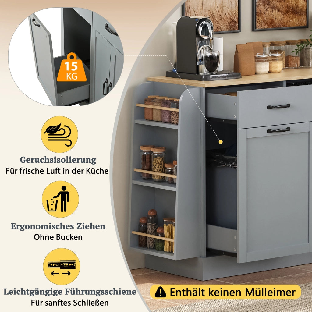 Credenza con vani aperti e scomparto per bidone - per cucina e sala da pranzo - 133.5×40×86 cm - grigio