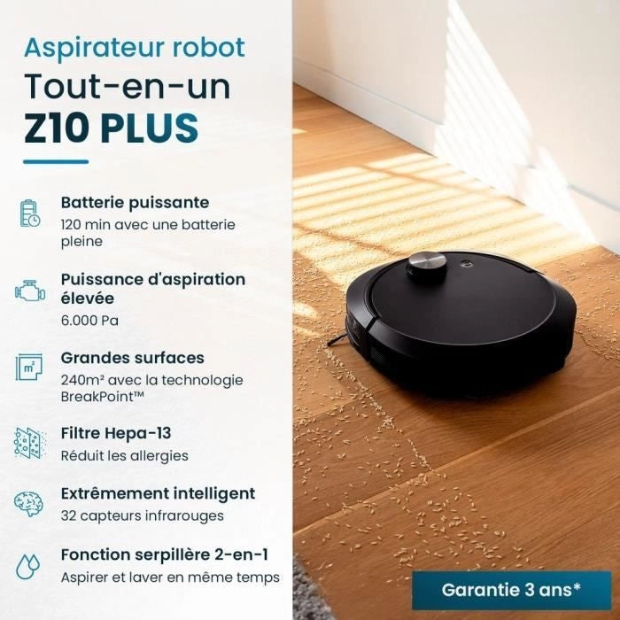 Robot aspirapolvere e scopa connesso con base svuotante EZICLEAN All-in-one Z10 Plus - 240 min - 6000 pa - 180 m - 1,5 L