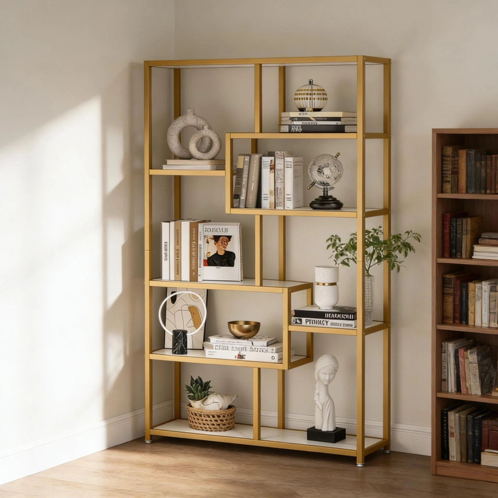 Libreria aperta moderna in metallo oro e pannelli effetto marmo bianco, 8 ripiani