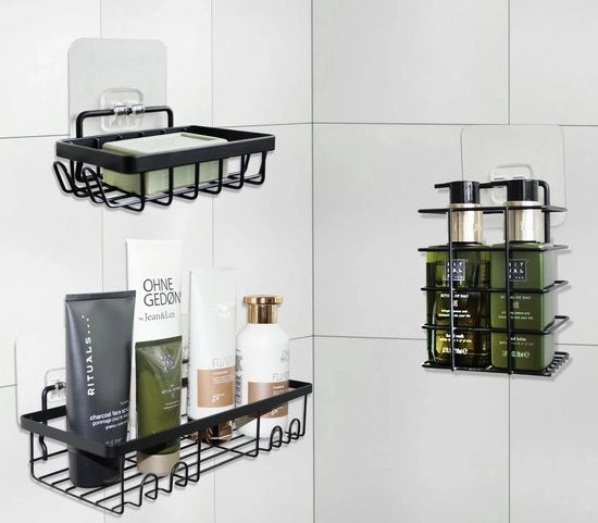 Organizzatore da bagno senza fori, 4 pezzi, organizzatore da bagno in acciaio inossidabile, piastra da bagno, nero con presa extra resistente, robusto asciugamano, maniglia da doccia in ogni misura per cucina e bagno, 32 x 12 x 9 cm, 820 g