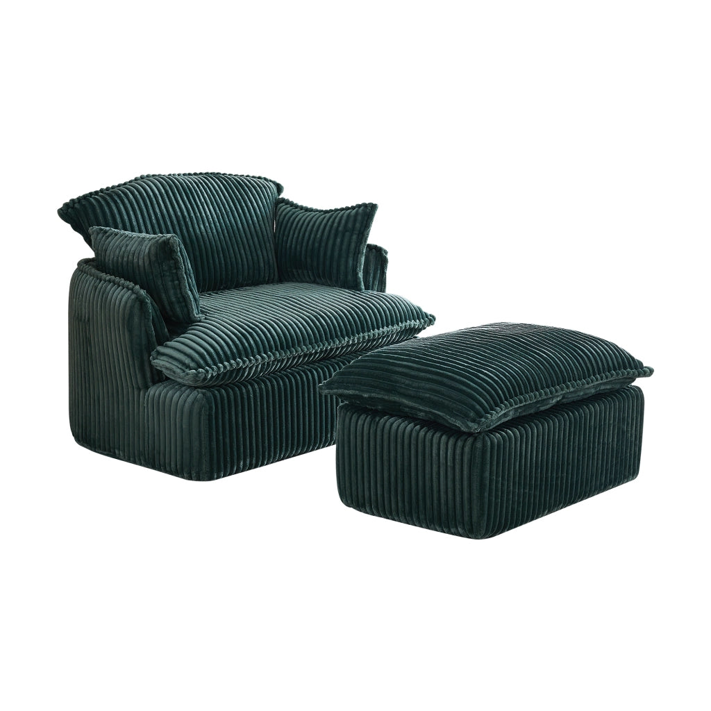 Poltrona con pouf per relax, con seduta in schiuma ad alta densità e cuscini, in flanella verde