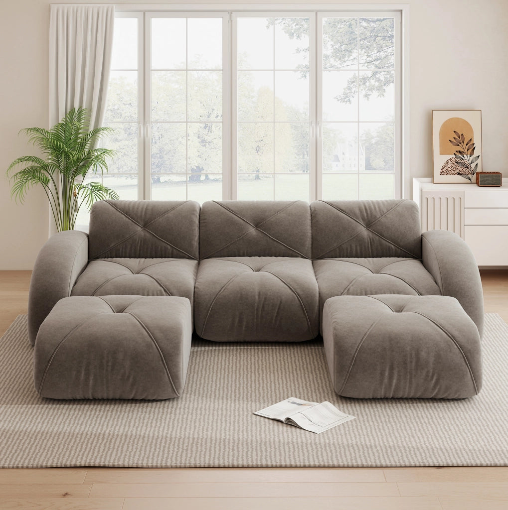 Divano modulare a U 281x171x76 cm in chenille tortora; struttura senza telaio