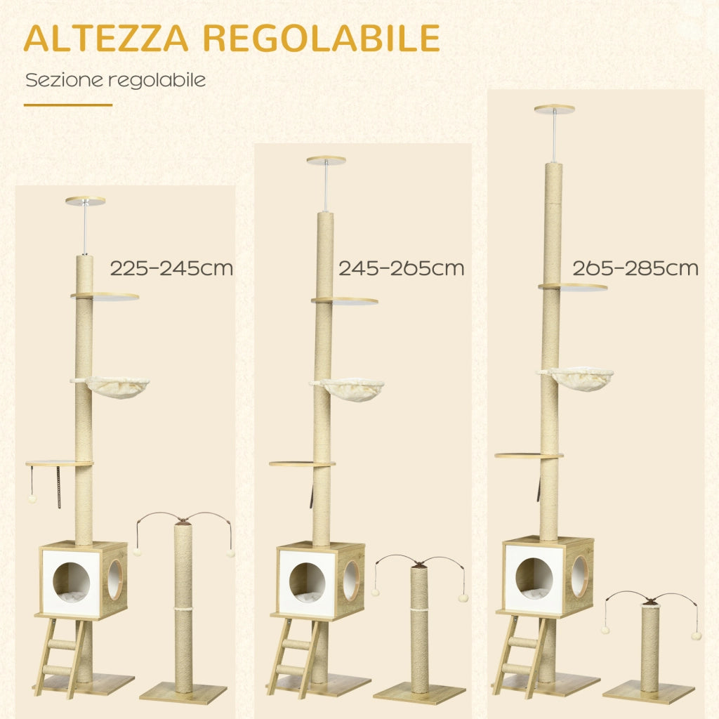 Tiragraffi per Gatti Regolabile ¨C Xylo ¨C 40x40x225-285 cm con Casetta e Amaca