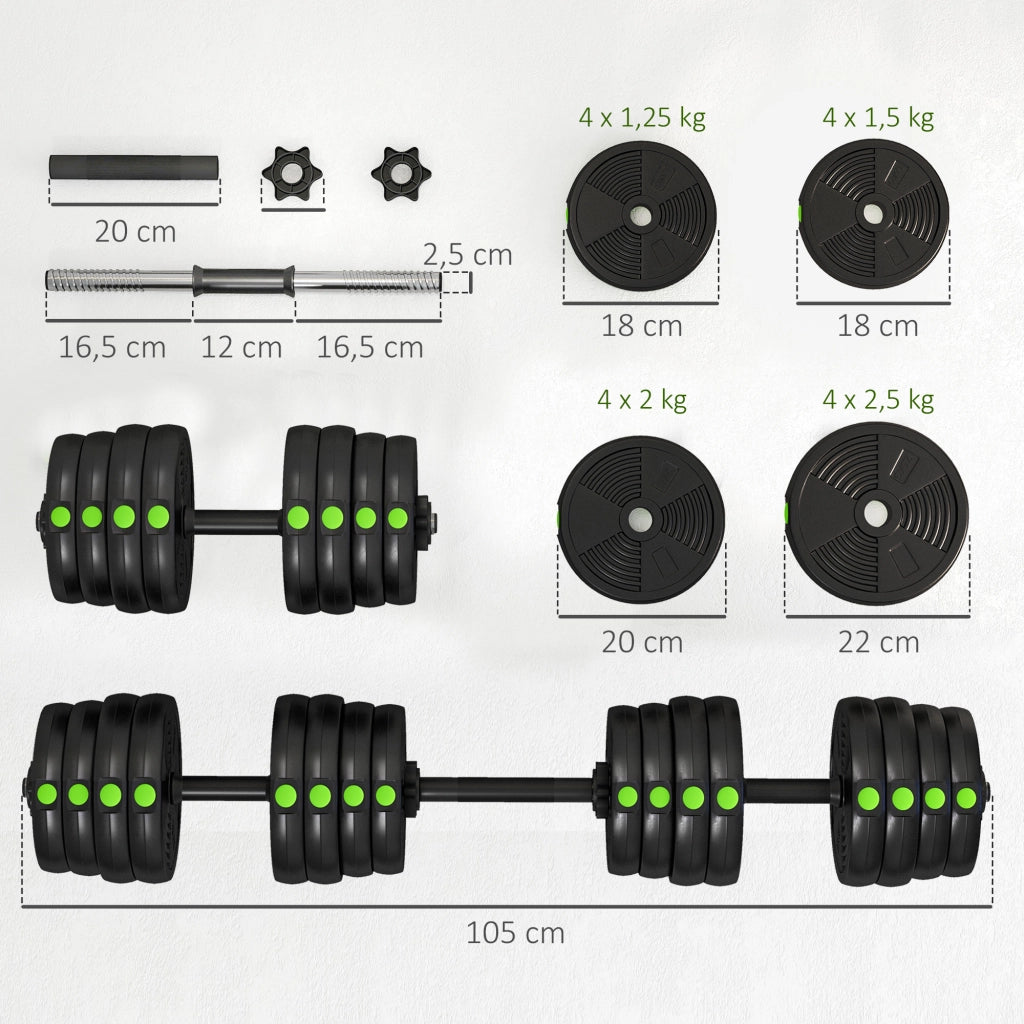 Set manubri 2 in 1 con bilanciere ¨C Minimal ¨C 30 kg, Nero/Verde