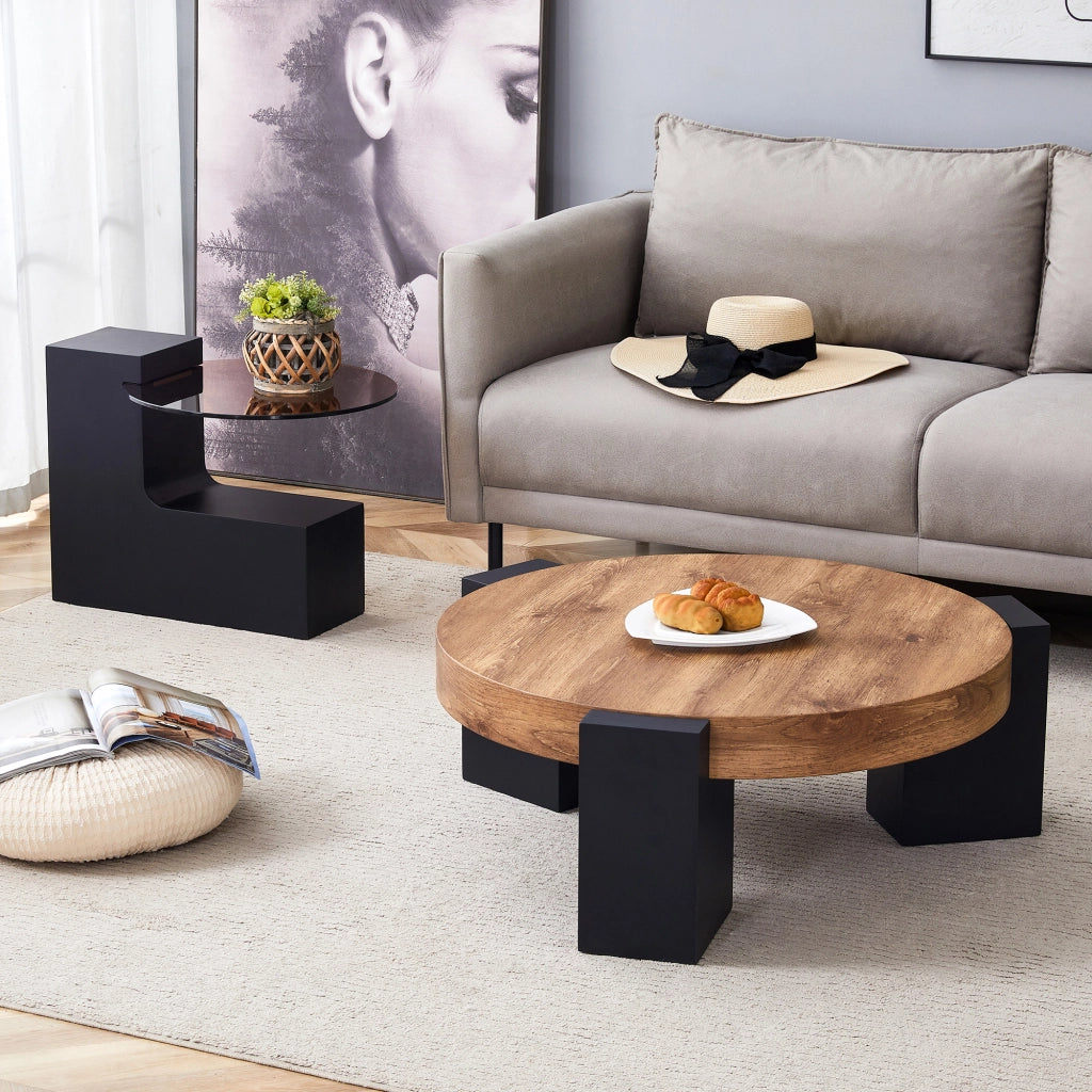 TAVOLINO DA SALOTTO Rotondo 2 piani 61 cm Vetro/MDF Nero-Legno Set 2 pezzi
