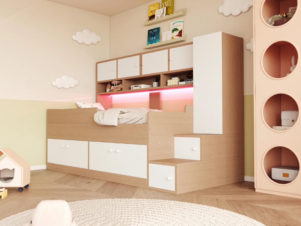 Letto in legno 90×200 cm color legno ripostiglie armadio scala facile LED e corrimano di sicurezza