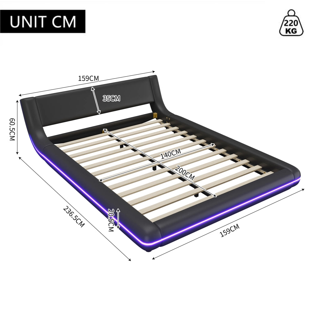 LETTO a pavimento 140x200 cm PU Nero con illuminazione LED