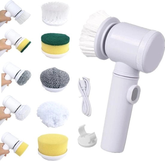 Piastra di pulizia elettrica - Spazzola rotante elettrica con 5 testine - Multifunzionale 5-in-1 - Aspirapolvere per pavimenti con manico - Bagno - Doccia - Cucina