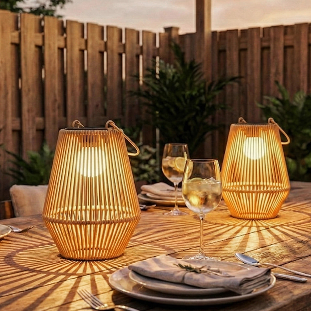 Set di 2 Lampade Solari 16x16x21 cm con Accensione e Spegnimento Automatico IP44 in Rattan Marrone
