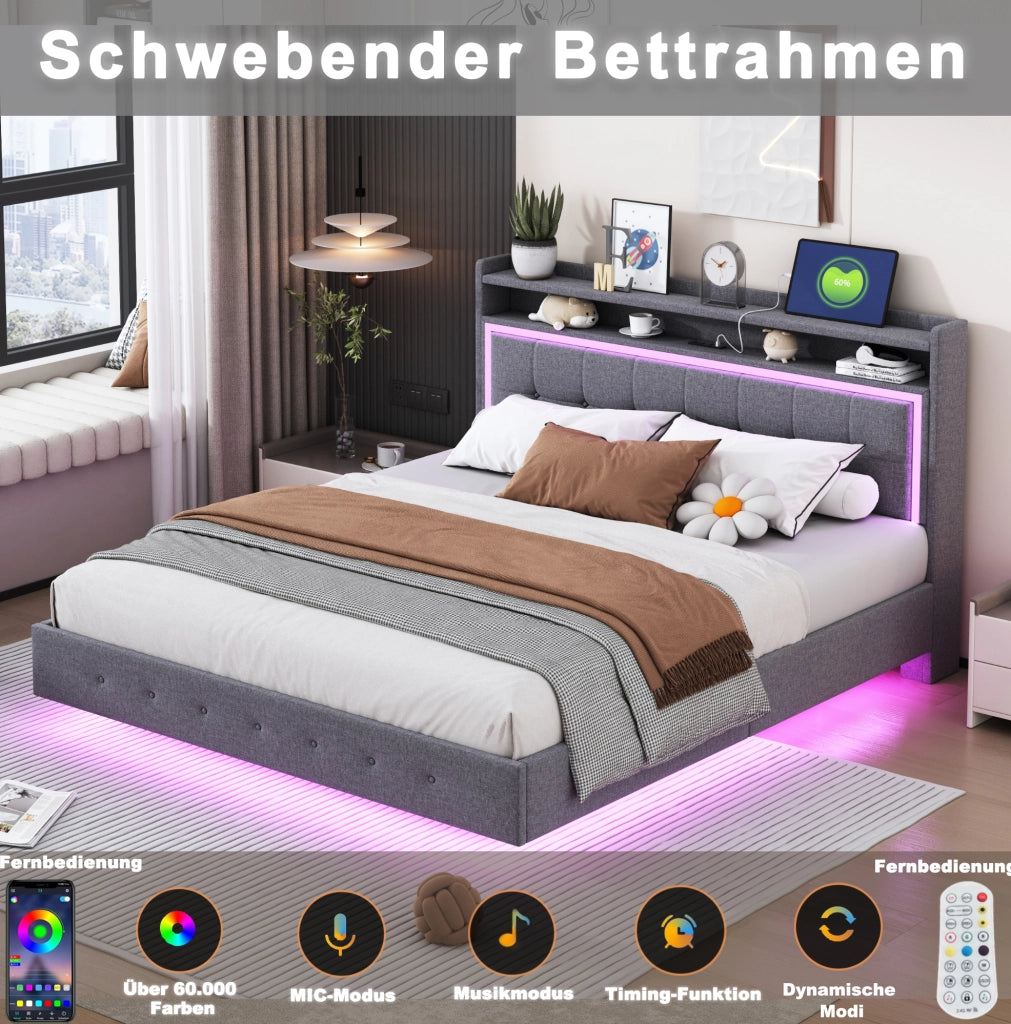 Letto imbottito matrimoniale 140x200 cm con USB e LED; grigio in tessuto effetto lino