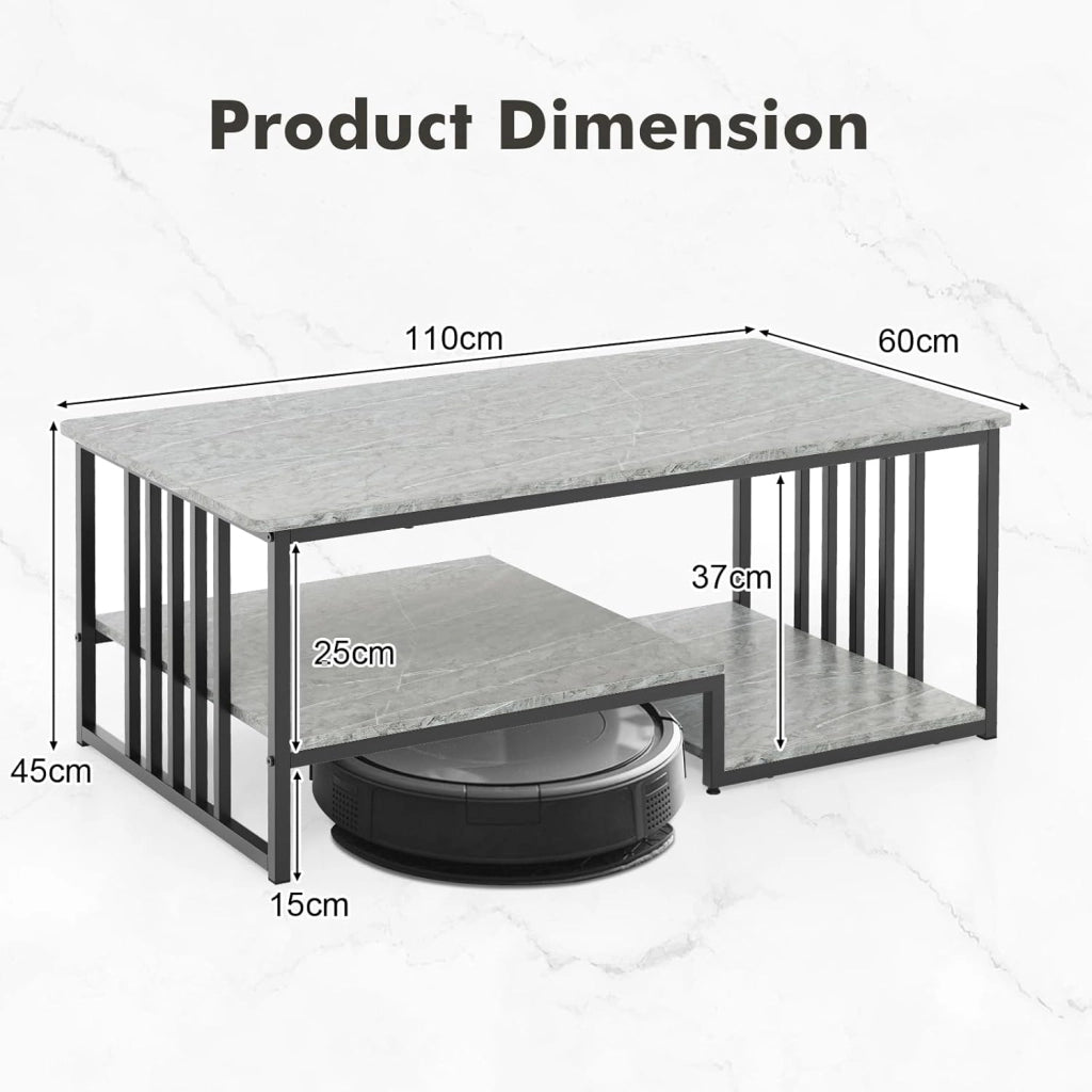 Tavolino da salotto rettangolare da cocktail a 3 livelli con ripiani, struttura in marmo sintetico e telaio in metallo con stoccaggio, 110 x 60 x 45 cm