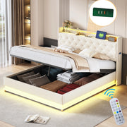 Letto imbottito LED 160x200 cm beige con USB e contenitore