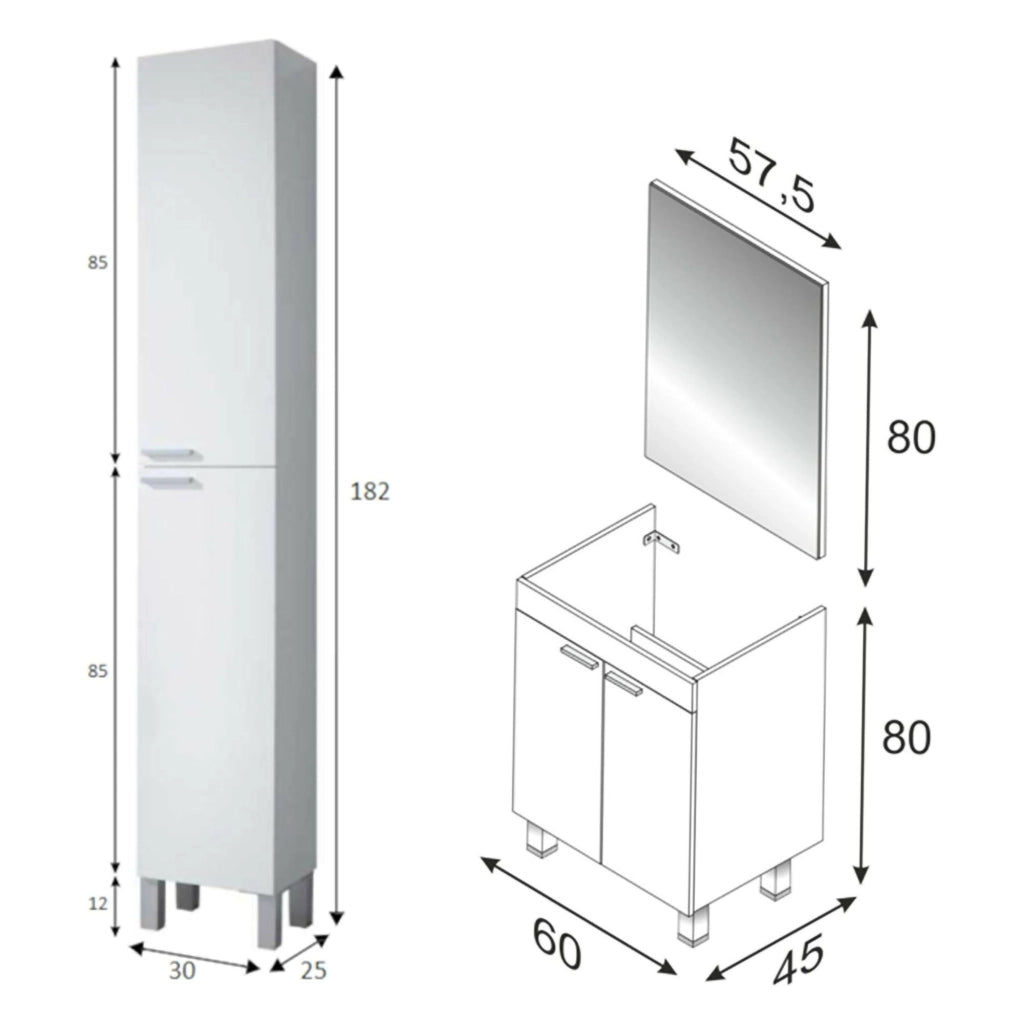Dossena, set Mobili Bagno Specchio Incluso, Bianco Lucido