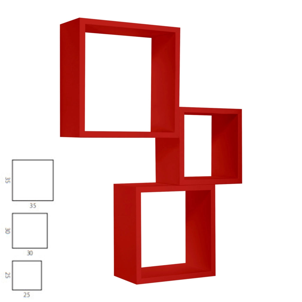 Mensole a cubo da parete set di 3 pz componibile colore Rosso mod. InCubo