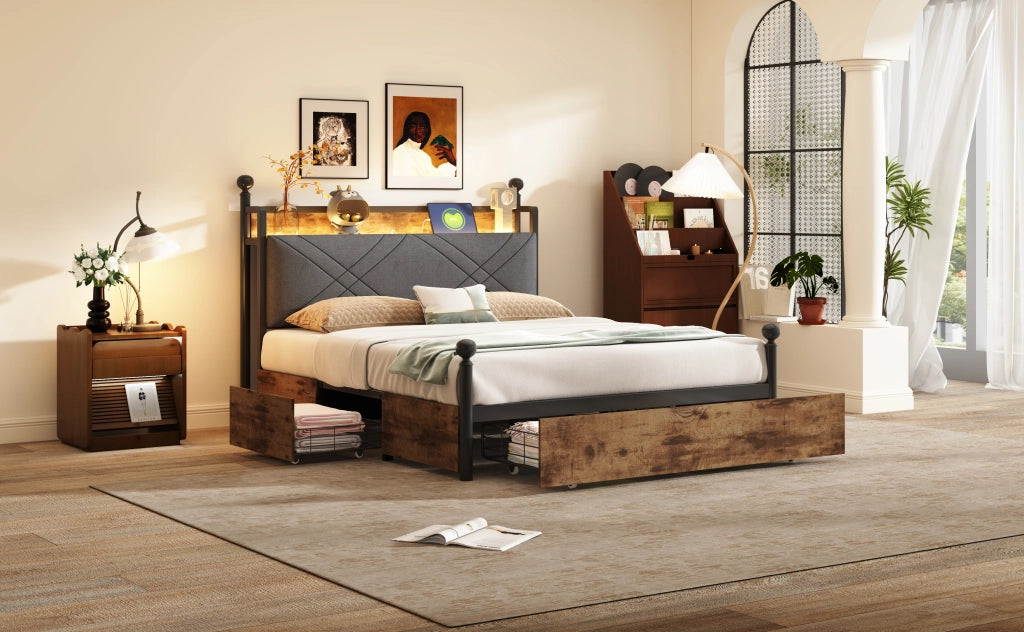 DESMIU Lit adulto 140 × 190 cm con LED, USB, Type-C, 3 cassetti e spazio contenitore, senza materasso, metallo nero