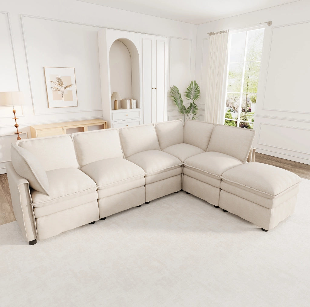 Divano modulare XXL con funzione letto; configurabile a U o L; chenille beige 344 cm