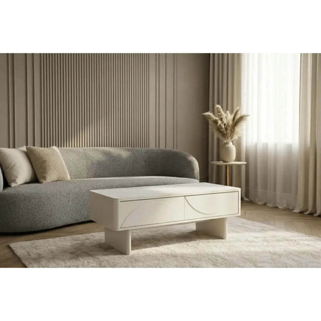 Tavolino chic MIYA 120 cm – Piano in ceramica effetto marmo bianco e 2 cassetti