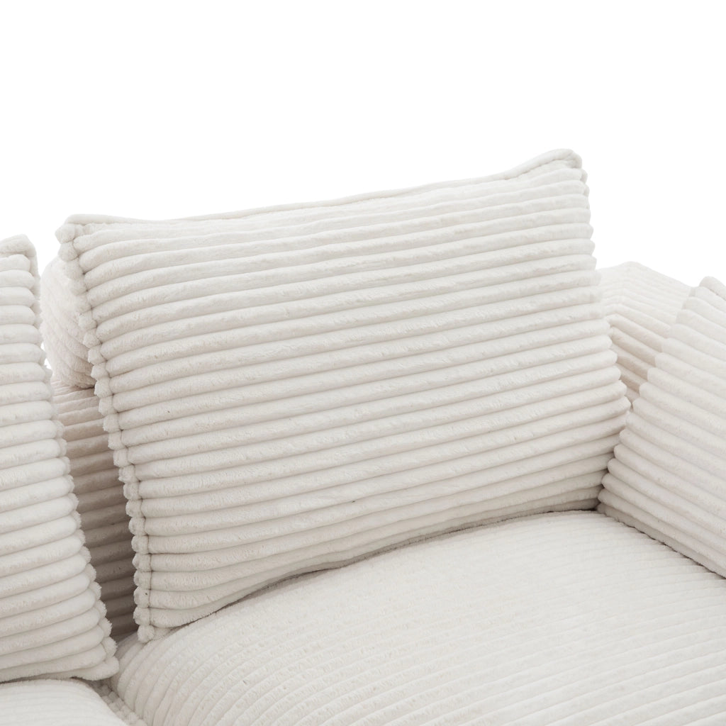 Divano modulare con pouf 256x161x75 cm con cuscini e tasche laterali in velluto a coste beige