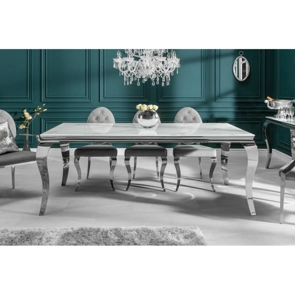 Tavolo VELENA 200 cm – Piano in vetro effetto marmo bianco – Struttura in acciaio argentato