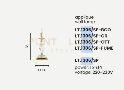 LUMETTO 1306 1 LUCE FUME' E CROMO ATTACCO E14 H.33CM