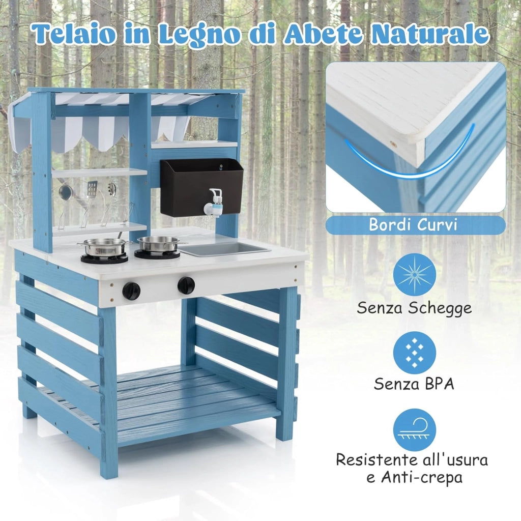 Cucina Giocattolo per Bambini, Cucina per Bambini a Doppia Faccia con Stufa a Gas, Lavello e Rubinetto, Tenda da Sole, Con Suoni, per Bambini 3+ Anni