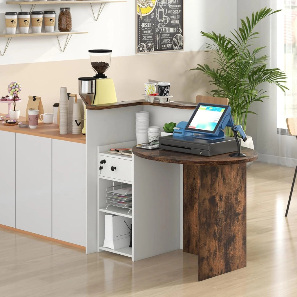 Scrivania ovale e bancone a forma di L, 120 x 70 x 100 cm, per ufficio, atrio, clinica (bianco+marrone)