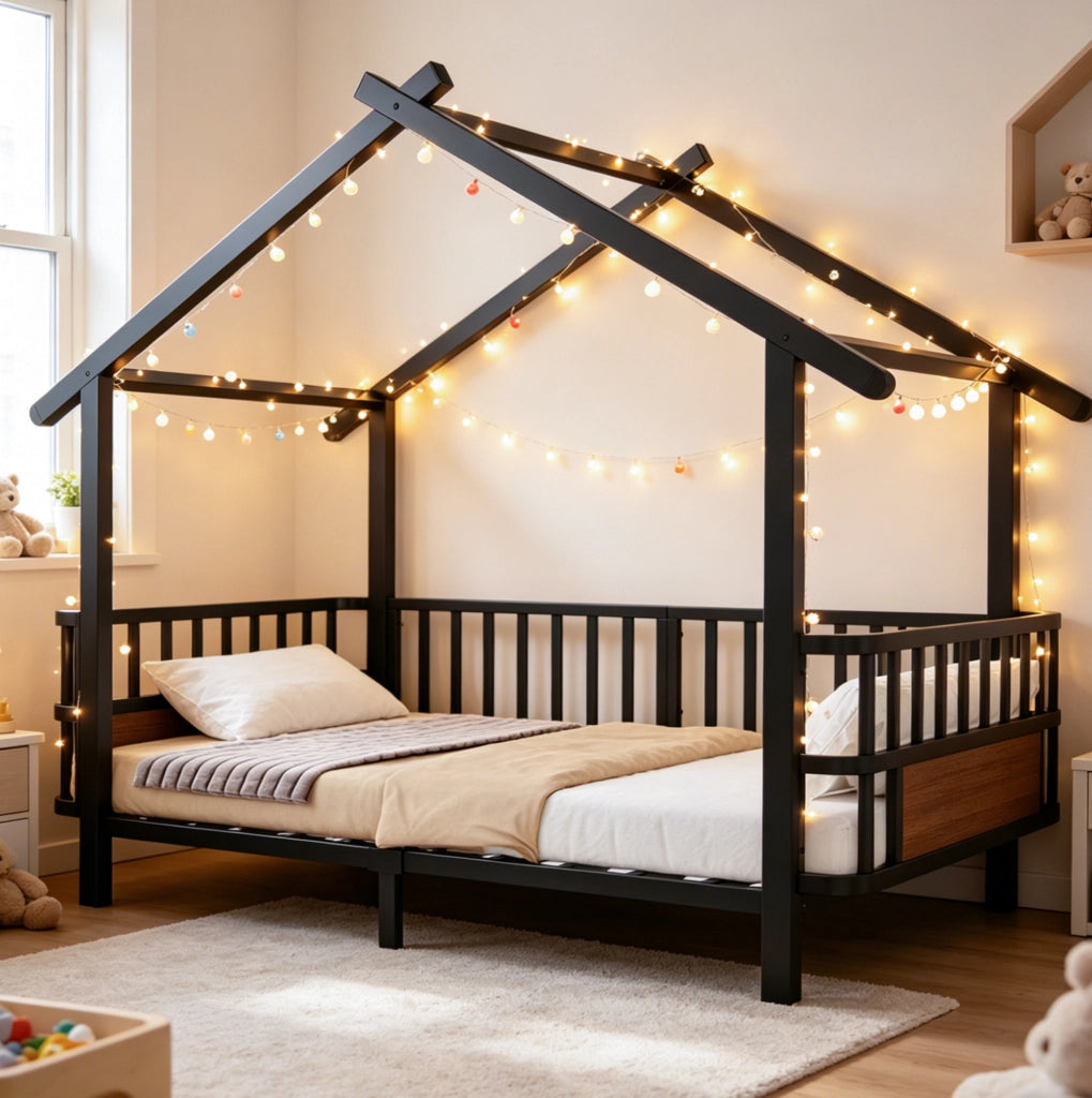 Letto a casetta 90x200 cm con sbarre di sicurezza in metallo nero