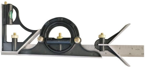 Misuratore di angolo combinato 300mm con struttura in alluminio leggera, regolabile per angoli e livellamento.