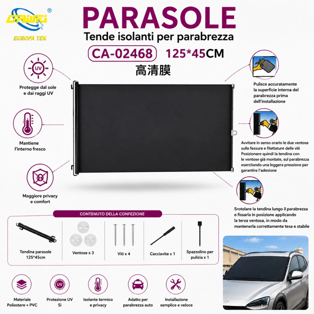 TENDINA PARASOLE AVVOLGIBILE PER AUTO 125x45CM PARABREZZA OSCURANTE CA-02468