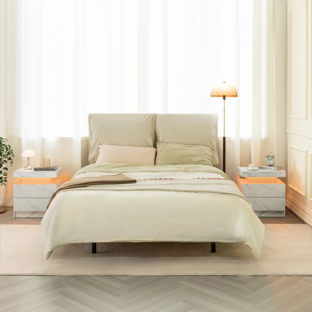 Comodino con LED regolabili, 2 cassetti e vano aperto, per camera da letto, bianco opaco, in legno ingegnerizzato