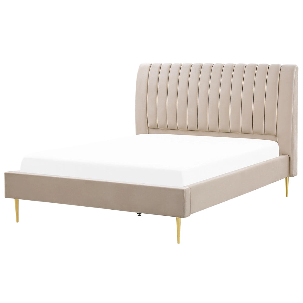 Letto imbottito velluto beige sabbia e oro rete a doghe testiera alta 160 x 200 cm testata alta design retrò