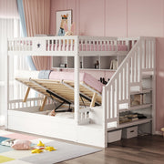 OKWISH Letto a castello 140×200 cm, Letto Matrimoniale con Contenitore idraulico, Scala con Contenitore e Mensole, senza Materasso, in Legno, Bianco
