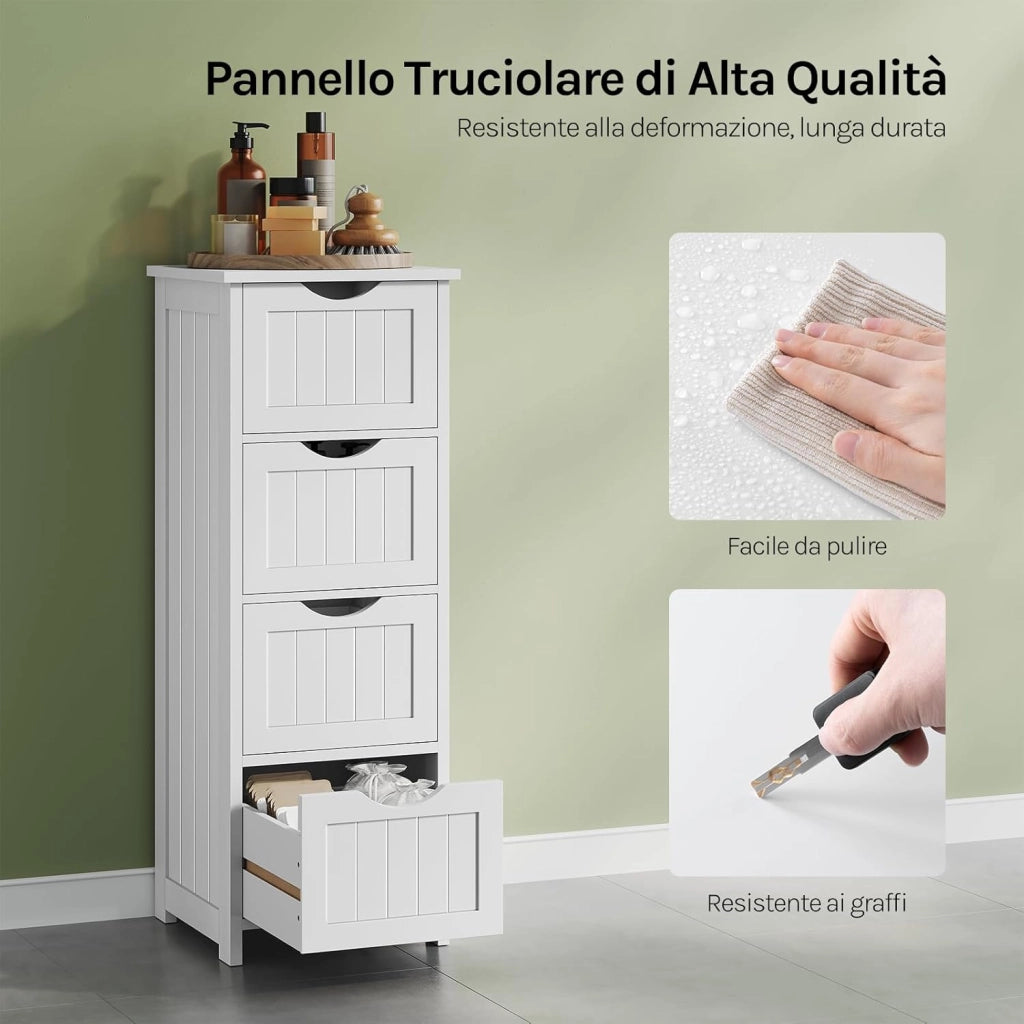 Mobile da Bagno, Mobiletto Bagno Salvaspazio, con 4 Cassetti, 30 x 30 x 82 cm, Armadio Autoportante, per Sala da Pranzo, Cucina, Stile Moderno, Bianco BZS07ws