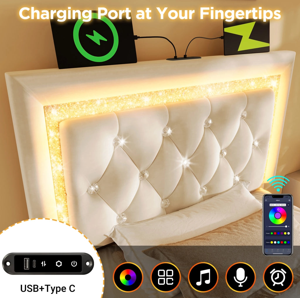 Letto imbottito ULEVR 90x200 cm con materasso, contenitore idraulico, LED, USB e Type-C, velluto beige
