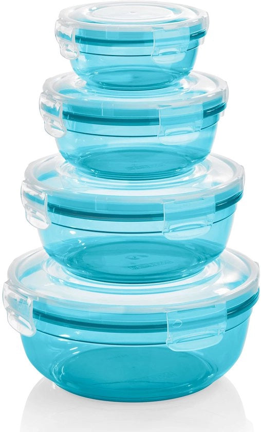 Set di contenitori di alimenti da 4 pezzi (0,4L, 0,8L, 1,4L, 2,3L), rotondi, in plastica, 100% ariostatici/idrostatici, contenitori di conservazione magnetron-resistenti, per benzina