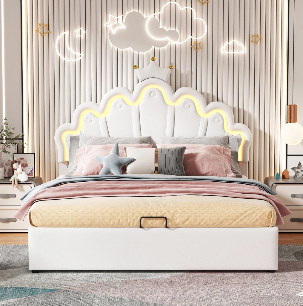 Letto imbottito 140x200 cm con contenitore idraulico e LED regolabili; PU bianco