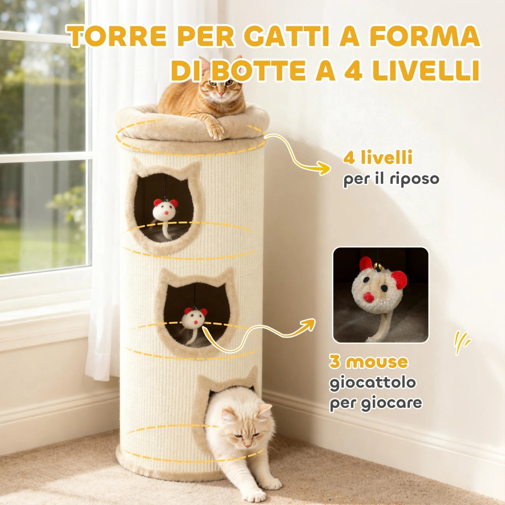 Tiragraffi Torre per Gatti con Casette e Lettino ¨C Minimal ¨C Crema 96 cm