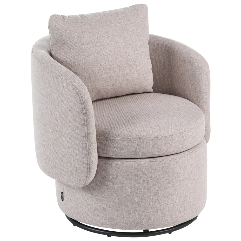 Poltrona in tessuto beige base girevole a 360° con vano portaoggetti cuscino decorativo stile retrò salotto angolo lettura