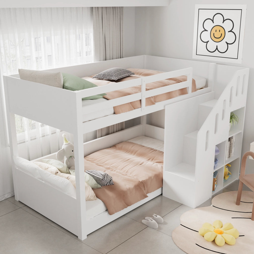 Letto a Castello 2 Posti con Scala Contenitore e Armadietti; 90×200 cm; senza Materasso; Bianco