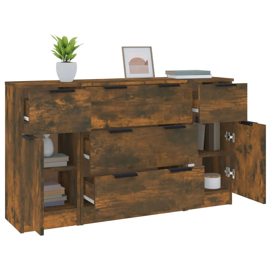 Set di Credenze 3 pz Rovere Fumo in Legno Multistrato 3115825