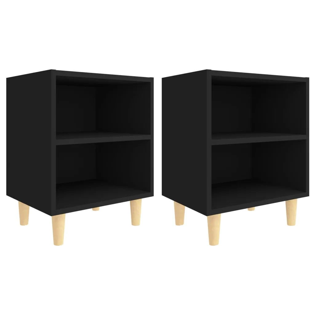 Set di 2 Comodini | Armadio da Notte | Mobiletto da notte con Gambe in Legno Massello Neri 40x30x50 cm