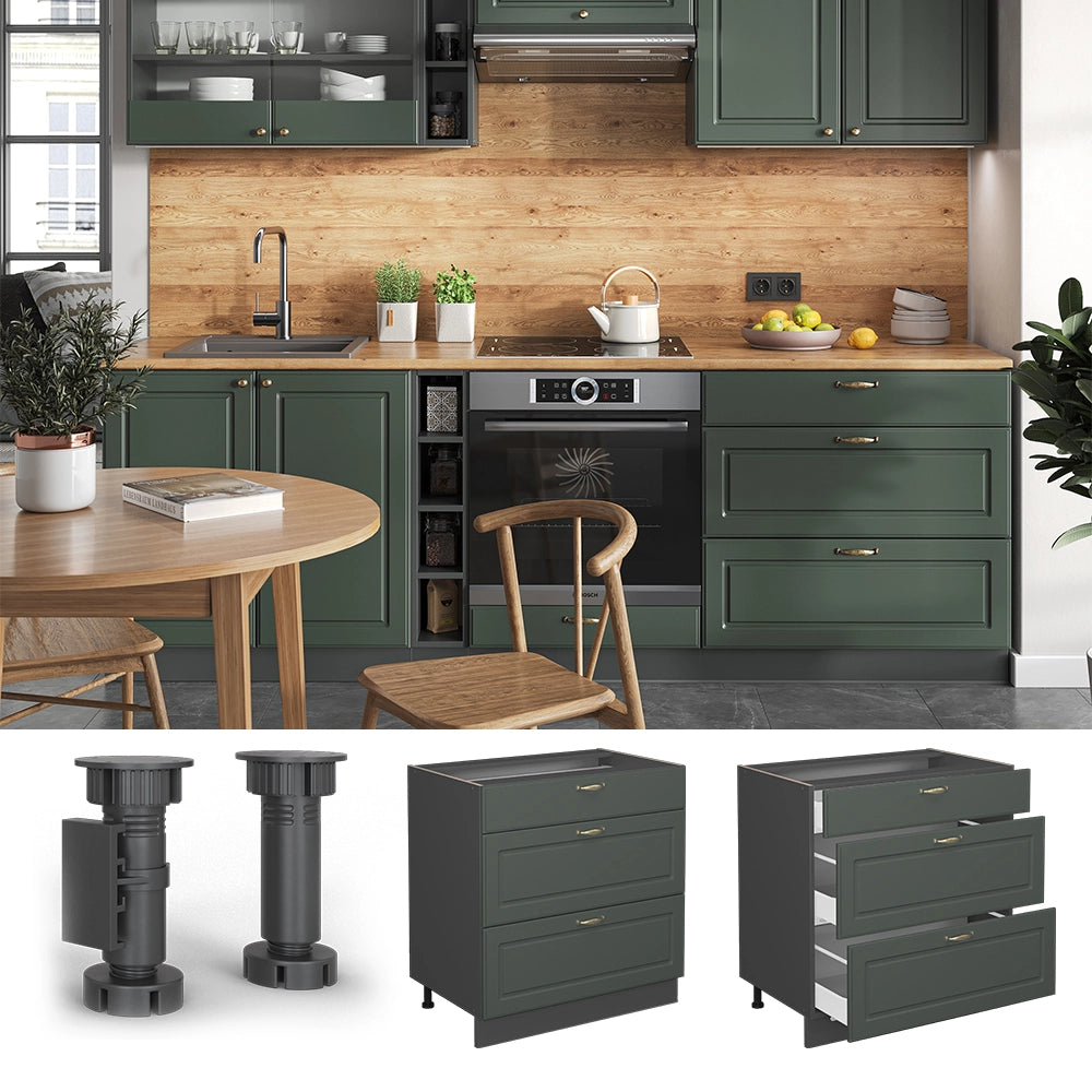 Mobiletto base per cucina Fame-Line Verde-oro rustico/Antracite 80 cm con 3 cassetti, PL Antracite Vicco