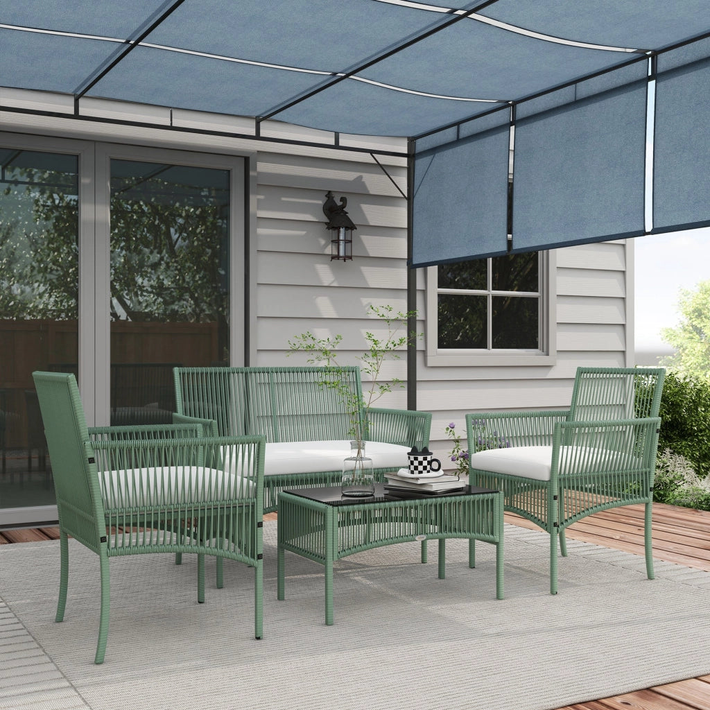 Set da Giardino Divano 2 Poltrone e Tavolino Piano in Vetro   Verde