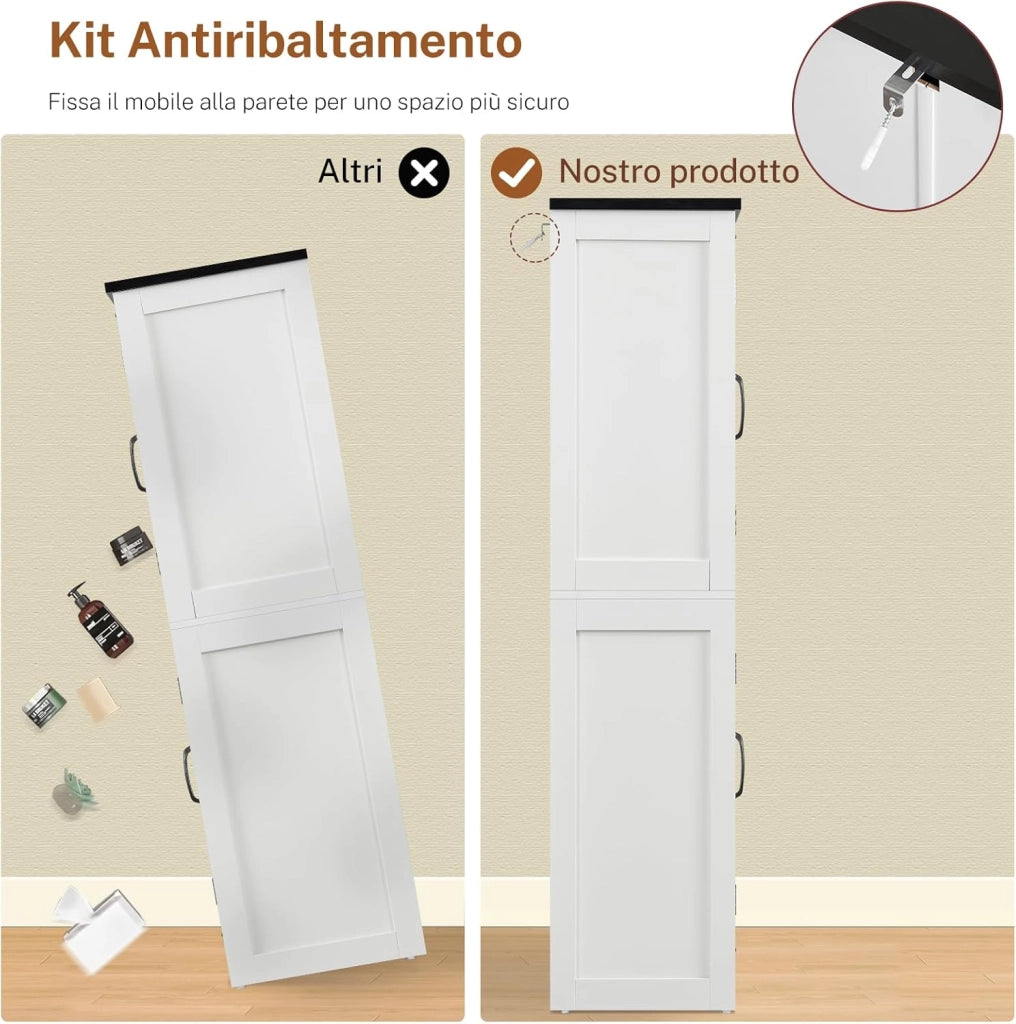 Credenza Cucina, Mobile Cucina con 4 Ante e Ripiani Regolabili, Dispensa Cucina con Maniglie Nere, per Soggiorno e Sala da Pranzo, Bianco – 60x30x148 cm