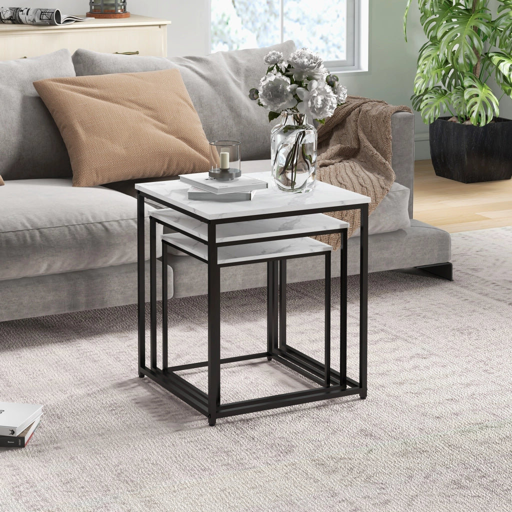 Tavolino nido 3 pezzi con effetto marmo e telaio in acciaio ¨C zephmum ¨C bianco