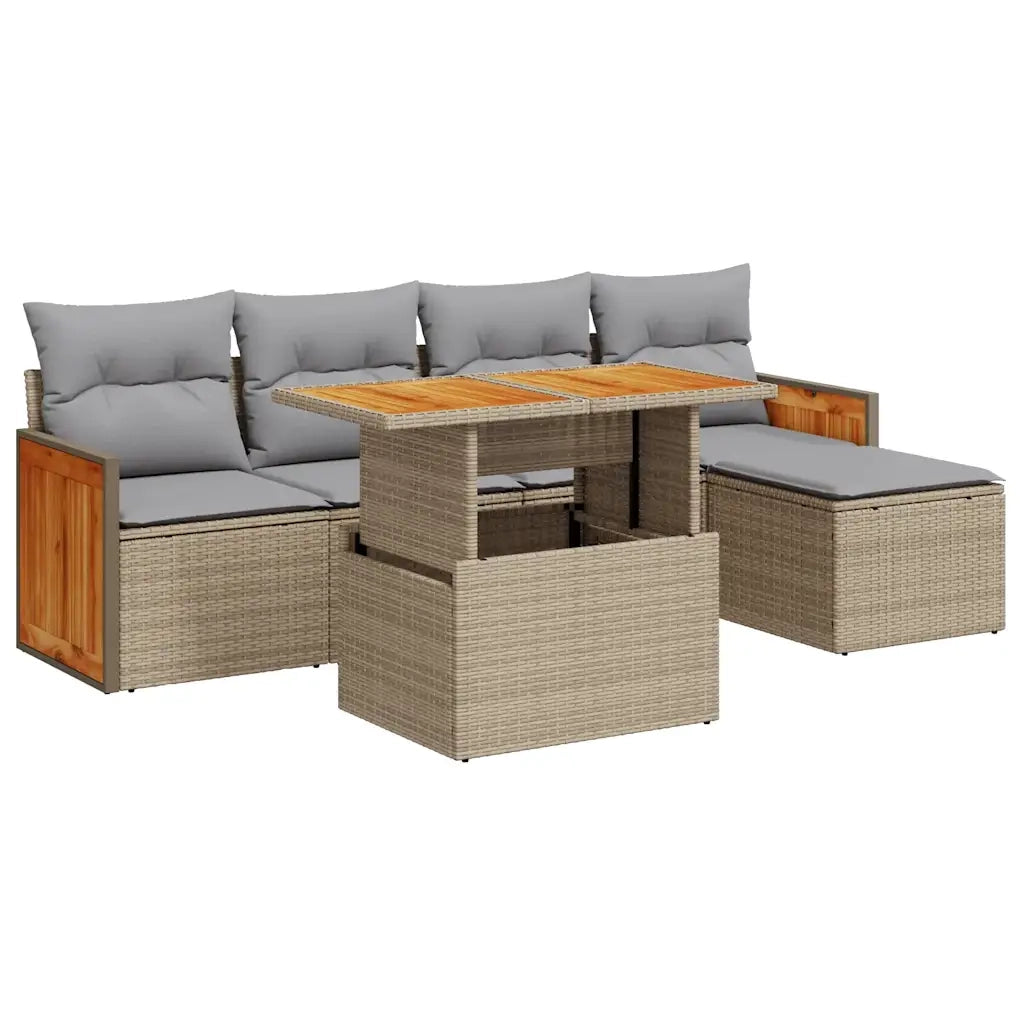 Set Divano da Giardino 6 pz con Cuscini Beige Polyrattan Acacia