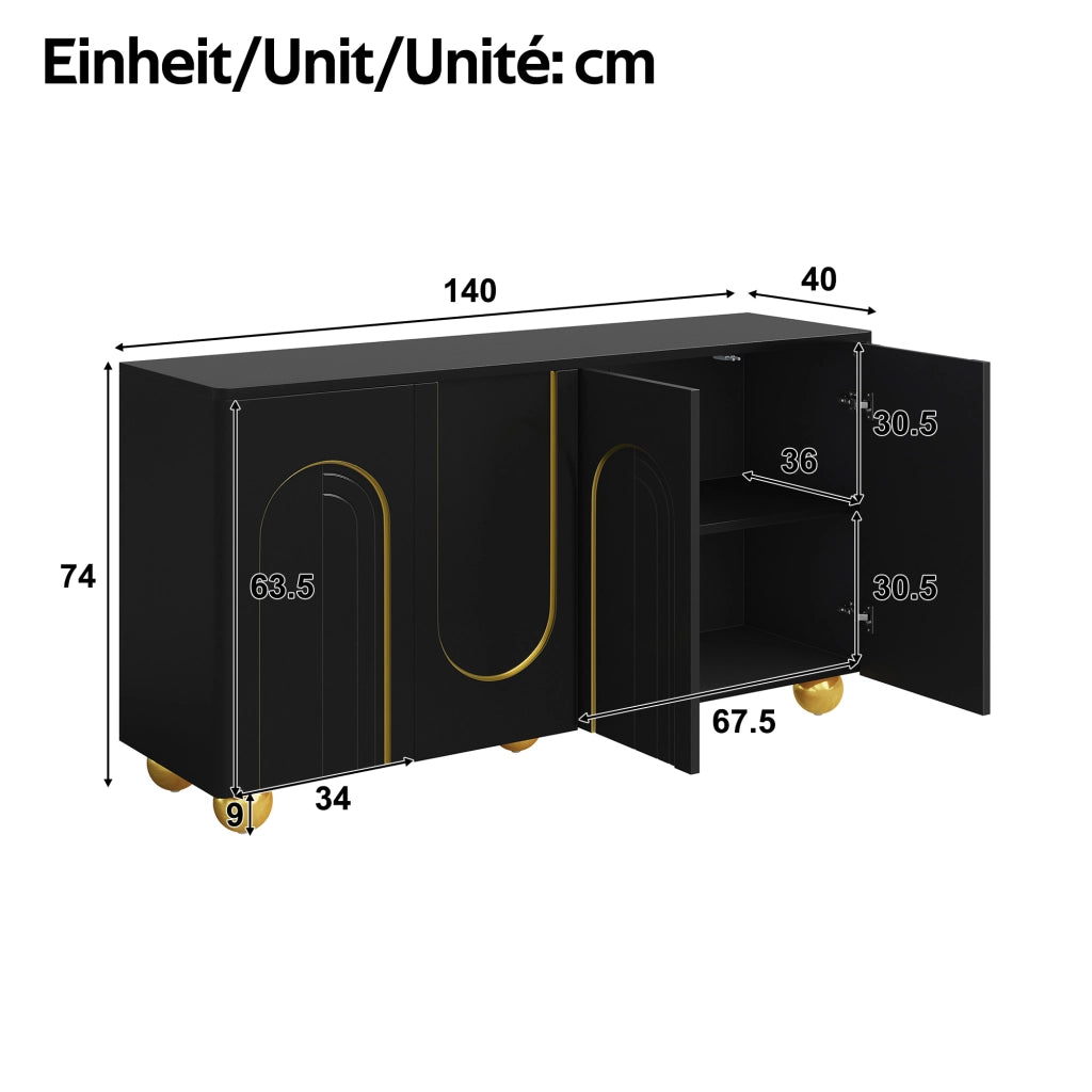 Credenza con 4 ante e ripiani; per soggiorno; in MDF e truciolare; 140×40×74 cm; nera