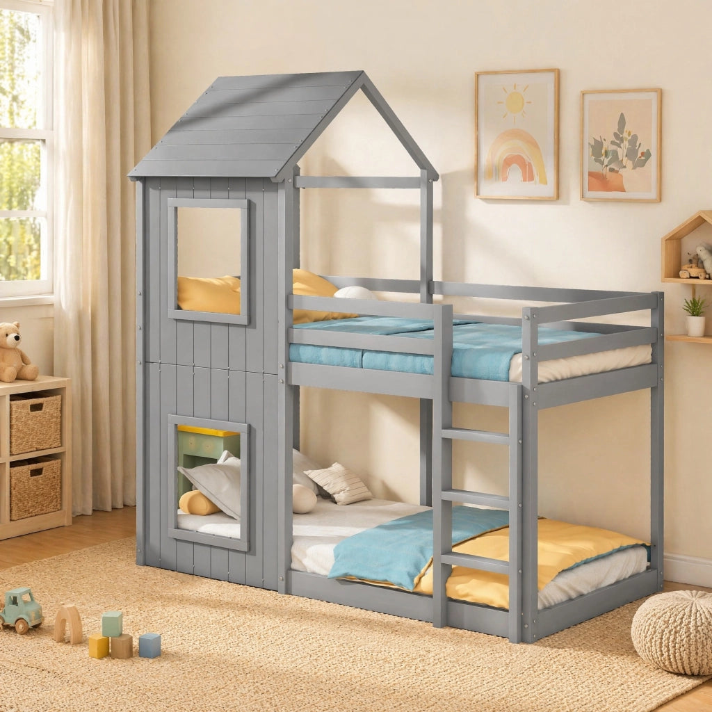 Letto a castello per bambini 90x200 cm in legno di pino, color grigio, con struttura a casetta e scaletta
