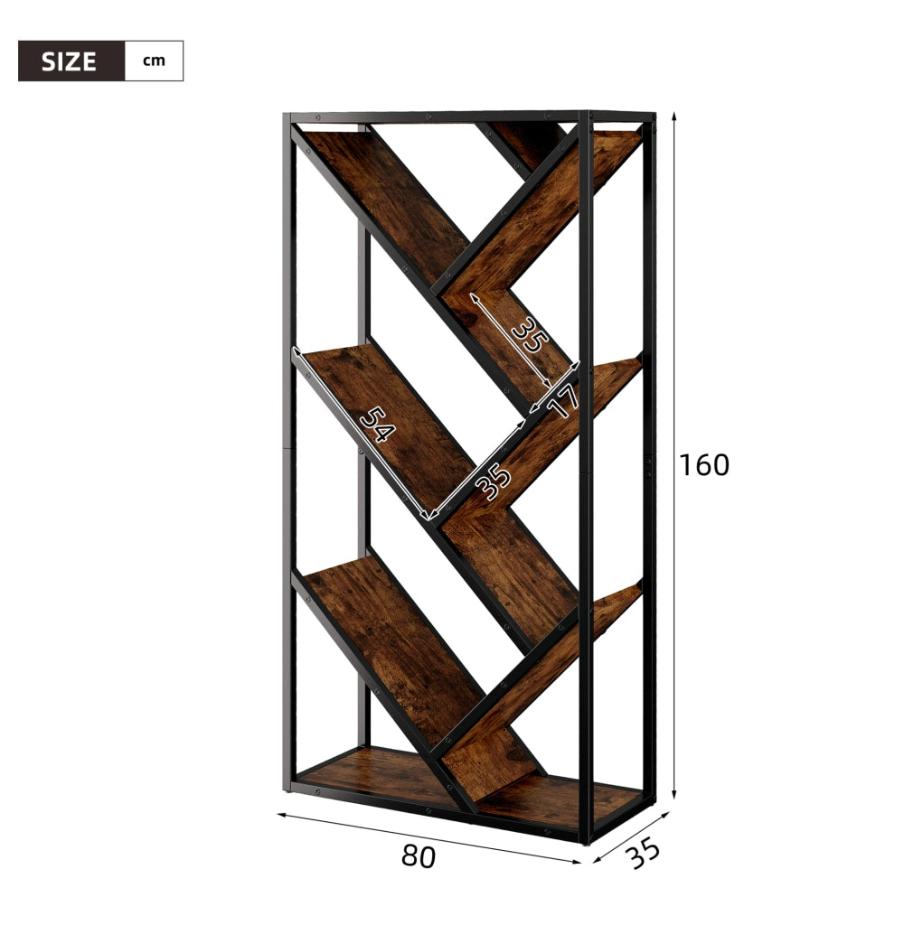 Libreria ad albero 80×35×160 cm, 8 ripiani, MDF e metallo